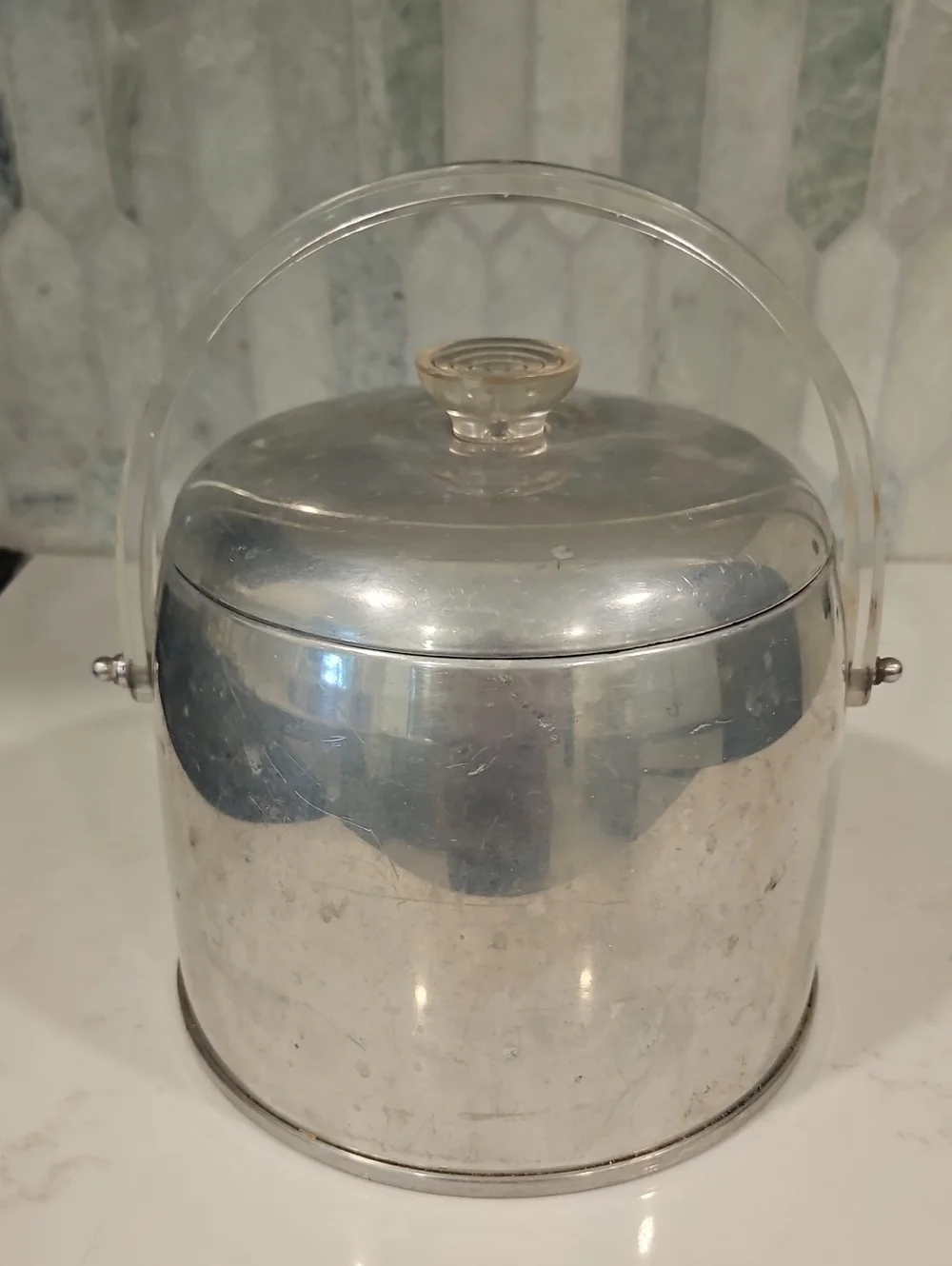 Vintage Kromex 1950s MCM Spun Aluminum Ice Bucket Acrylic Handle Retro Barware